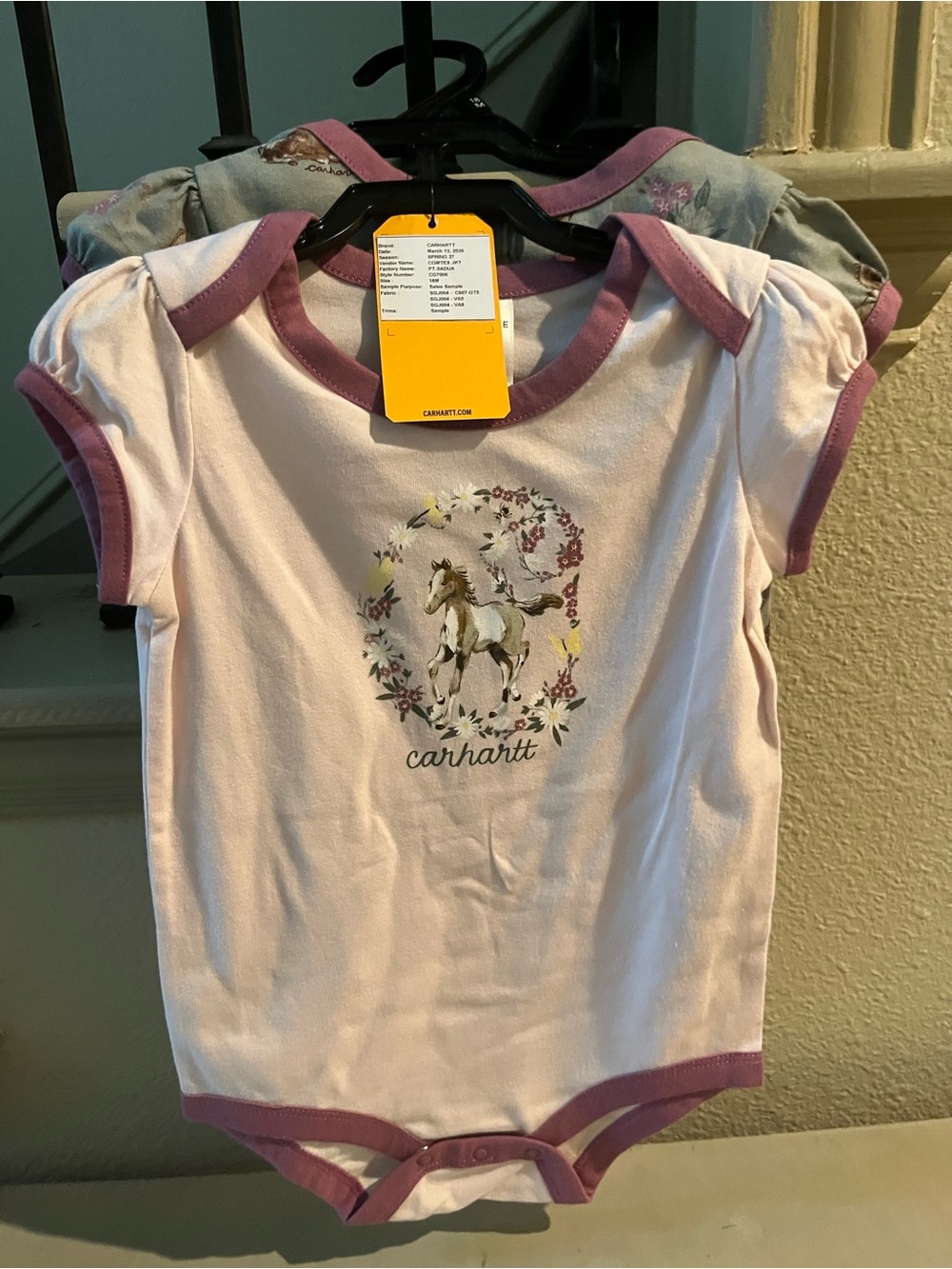 Carhartt Light Pink Horse Graphic Short Sleeve Bodysuit with Mauve Trim